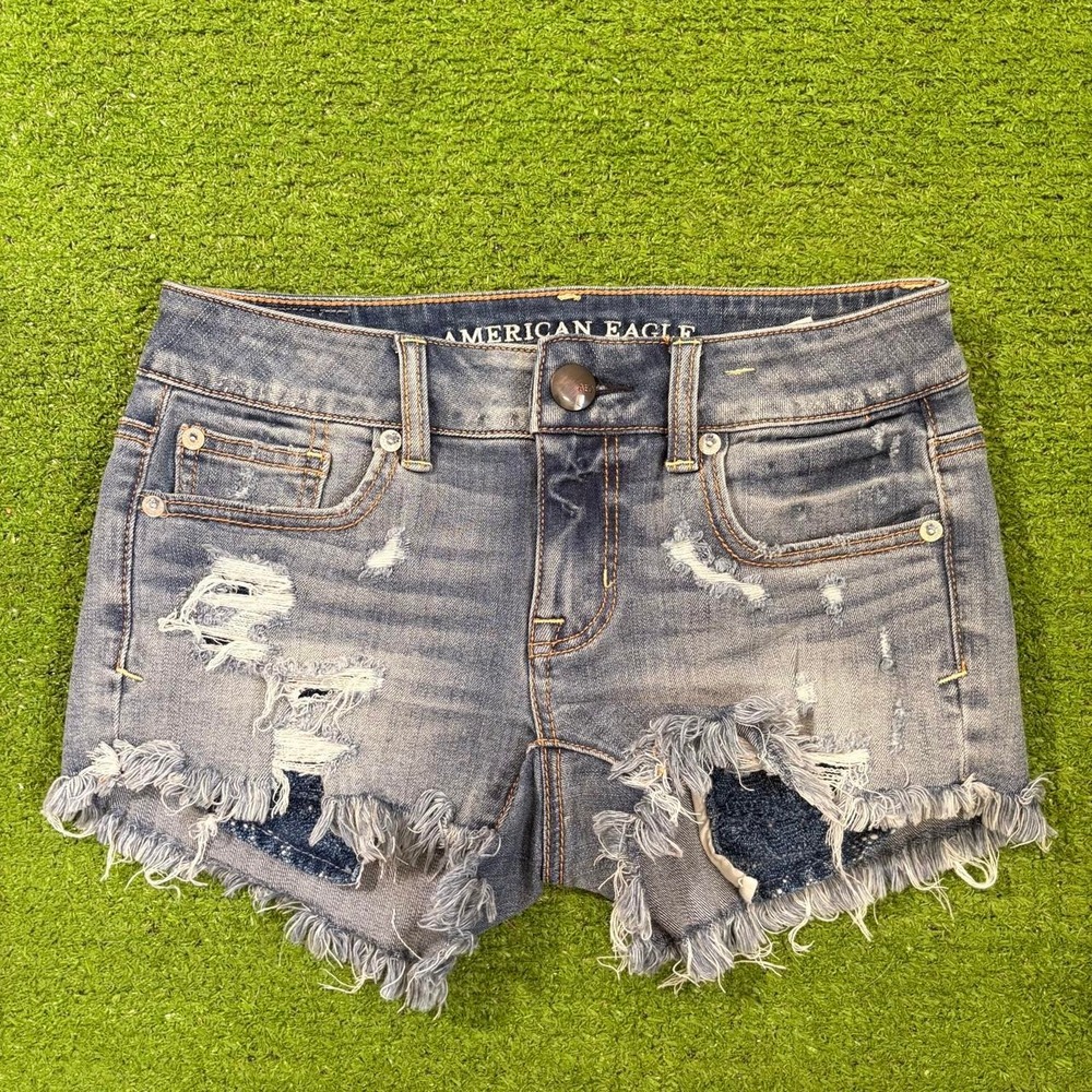 American Eagle Outfitters Blue Denim Distressed Booty Shorts Shortie Size 0